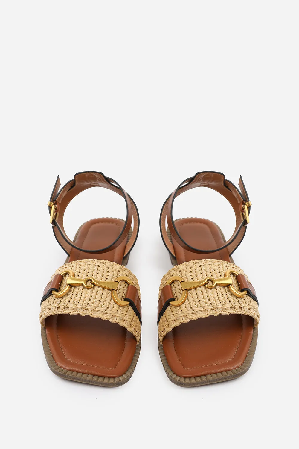CATELYN WIDE FIT PU STRAW DETAIL STRAP SANDALS  WITH BUCKLE CLOSURE IN TAN  FAUX LEATHER