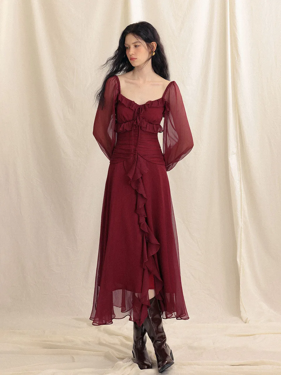 Cherry red ruffle long dress