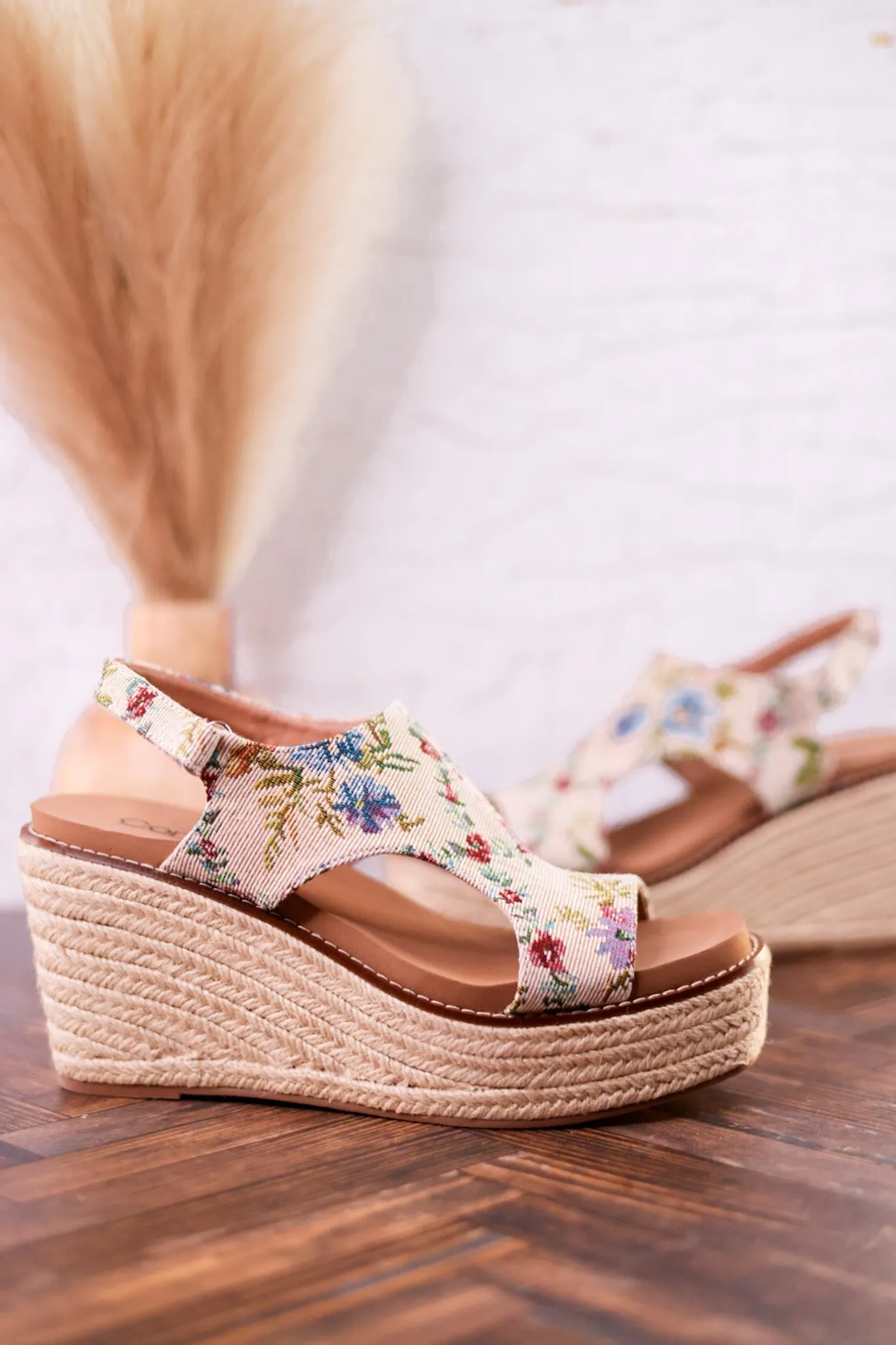 Tan and Floral Brocade Freddie Wedges