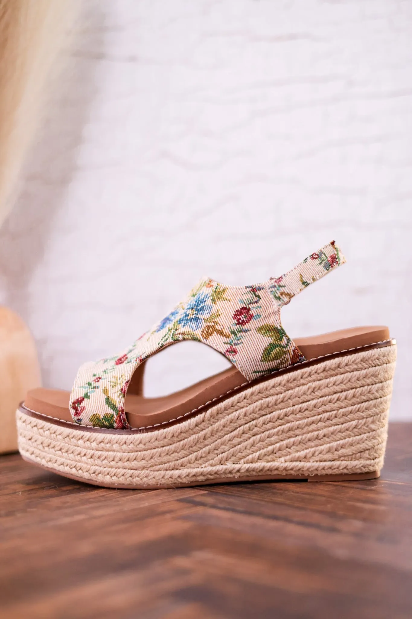 Tan and Floral Brocade Freddie Wedges